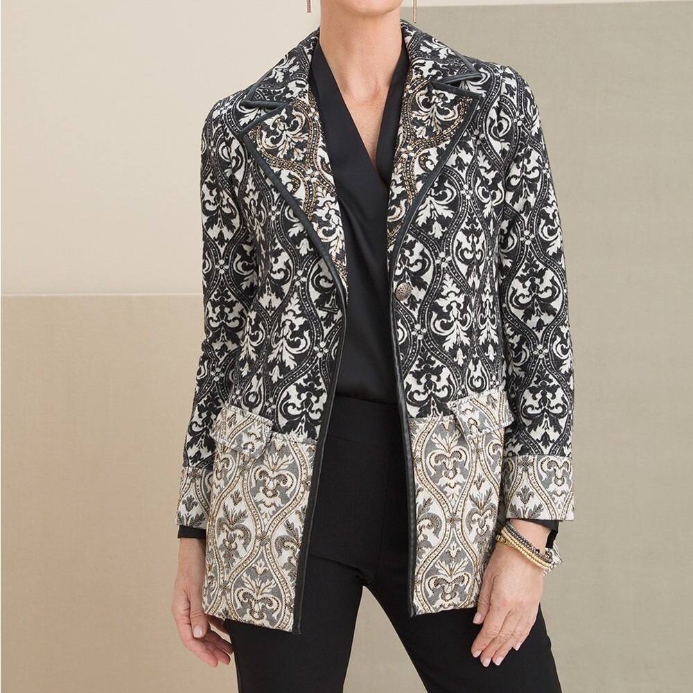 Chicos Beaded Tapestry Faux Leather Trim Jacquard Jacket 570319304 Blazer Sz M